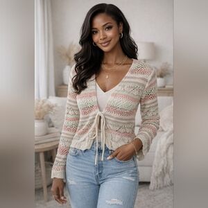 Boho Pastel Crochet Tie Front Cardigan Sweater XL Cottagecore Spring Bohemian